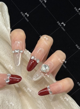 【L21】红色法式镶钻设计中长款手工穿戴甲