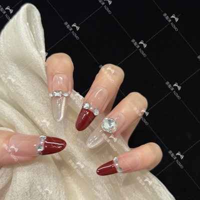 【L21】红色法式镶钻设计中长款手工穿戴甲