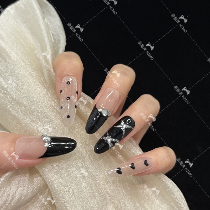 【L13】黑色酷帅手工穿戴甲波点长款美甲