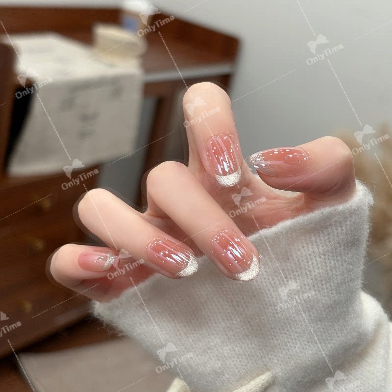 【金粉世家】晶石裸粉法式猫眼高级感穿戴甲通勤百搭气质显白美甲