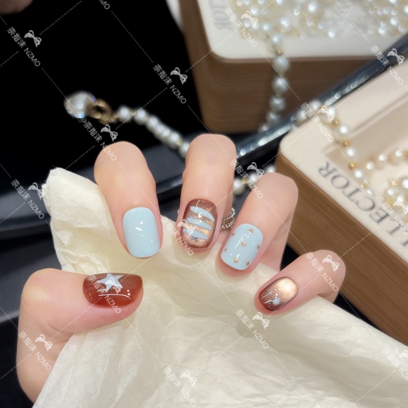 【海盐星星】玻璃珠波点棕咖猫眼穿戴甲日常显白美甲