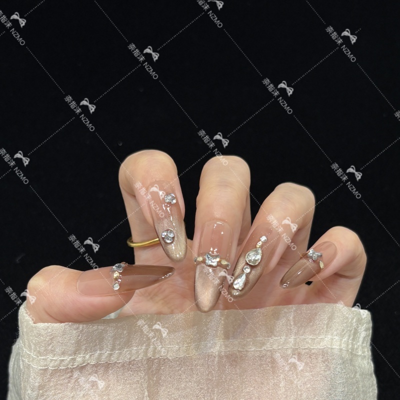 【L24】棕色法式渐变猫眼长款设计显白手工穿戴甲