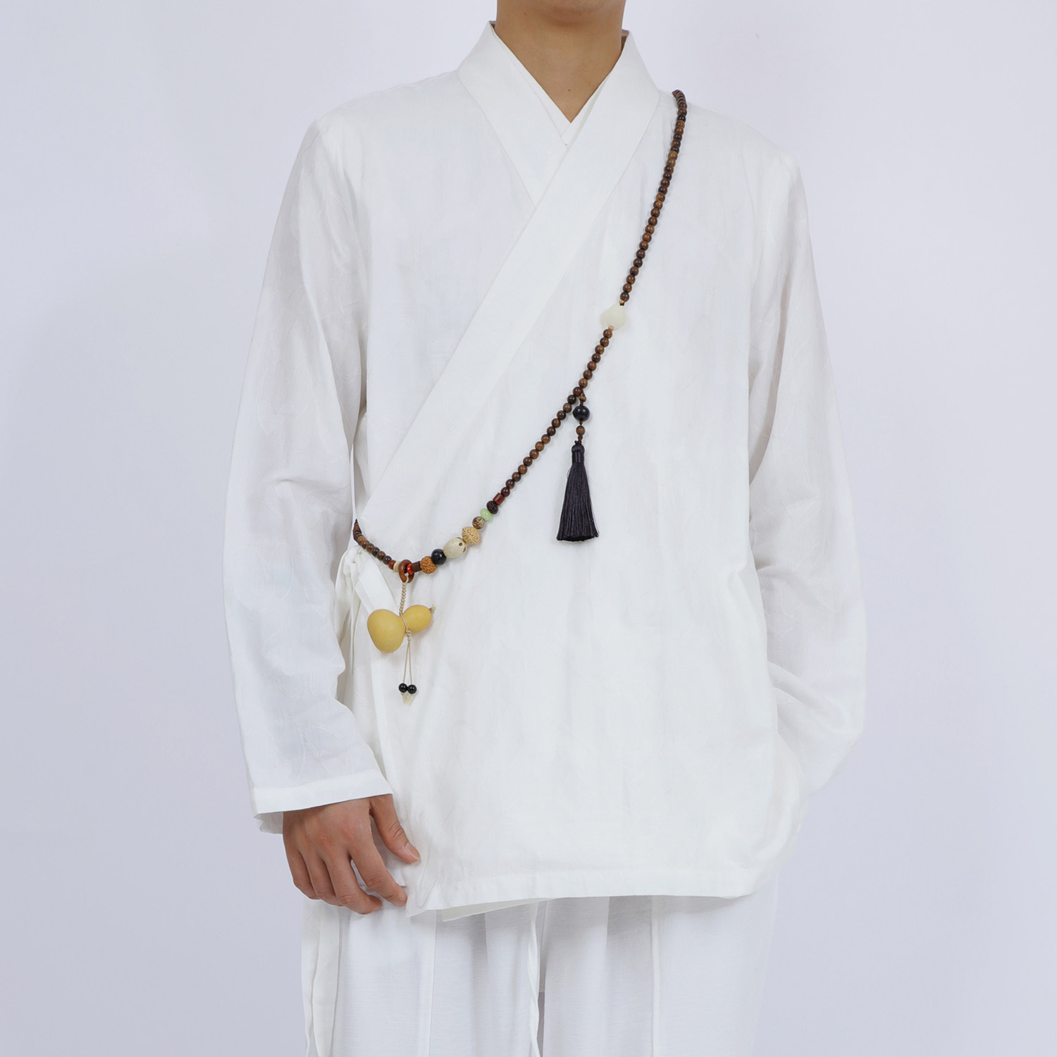 中式交领右衽汉服道袍外套男夏季薄款棉莱赛尔系带斜襟白色打底衫