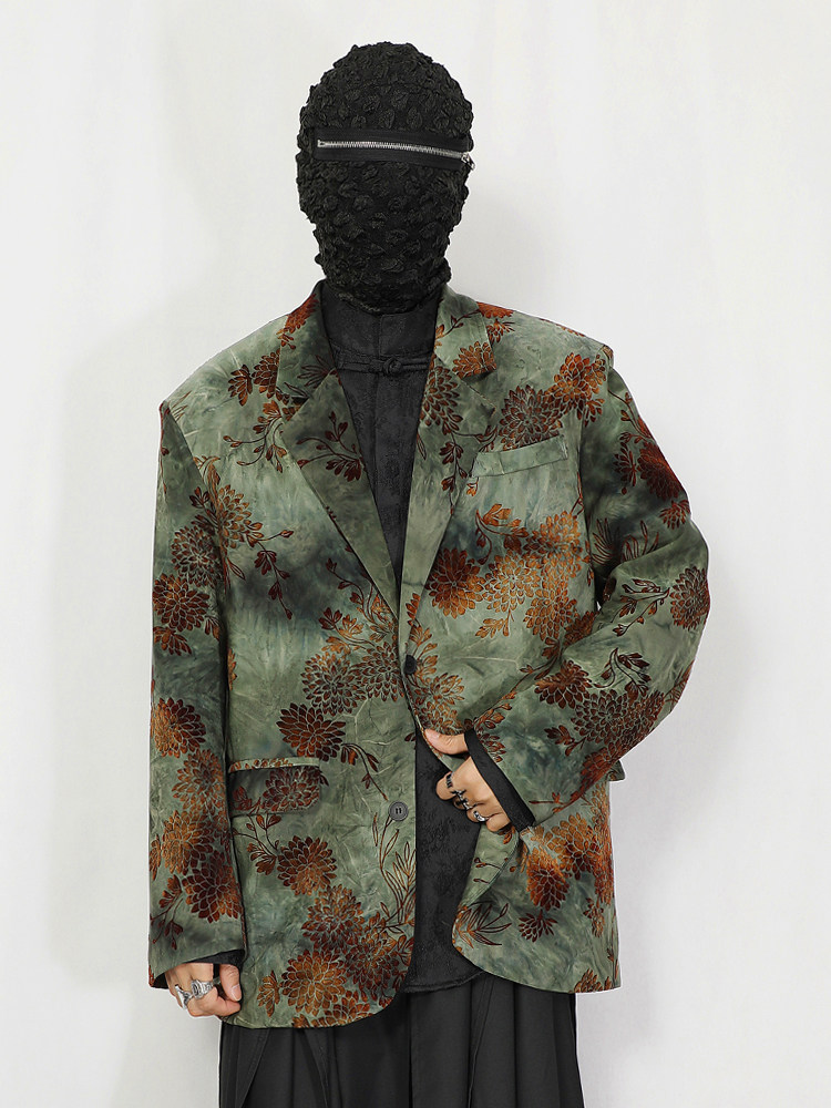 2025 Spring New arrival Green Suit Outwear Men's Clothing Plus size New Chinese Style Florals Flocking Loose Small Suit Outwear