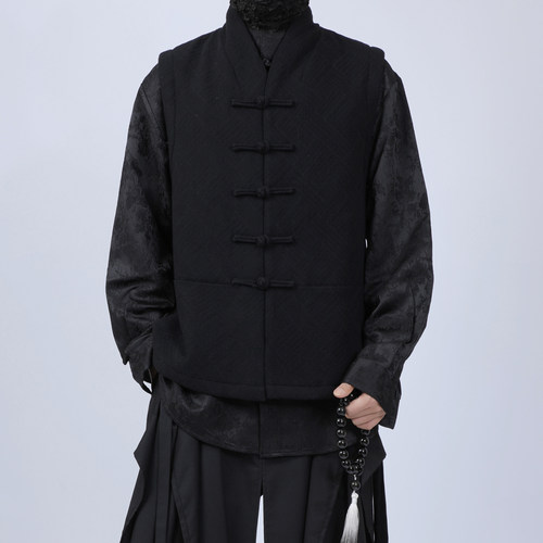复古中式汉服改良盘扣马甲男秋冬季黑色中国风休闲汉服棉马甲外套