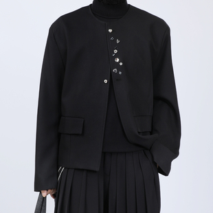 外套极简风纽扣设计感黑色无领宽松休闲西装 西服短款 新款 原创男装