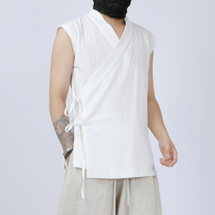 国风男装 棉麻无袖 大码 薄款 汉服交领系带开衩马甲 打底背心夏季 中式