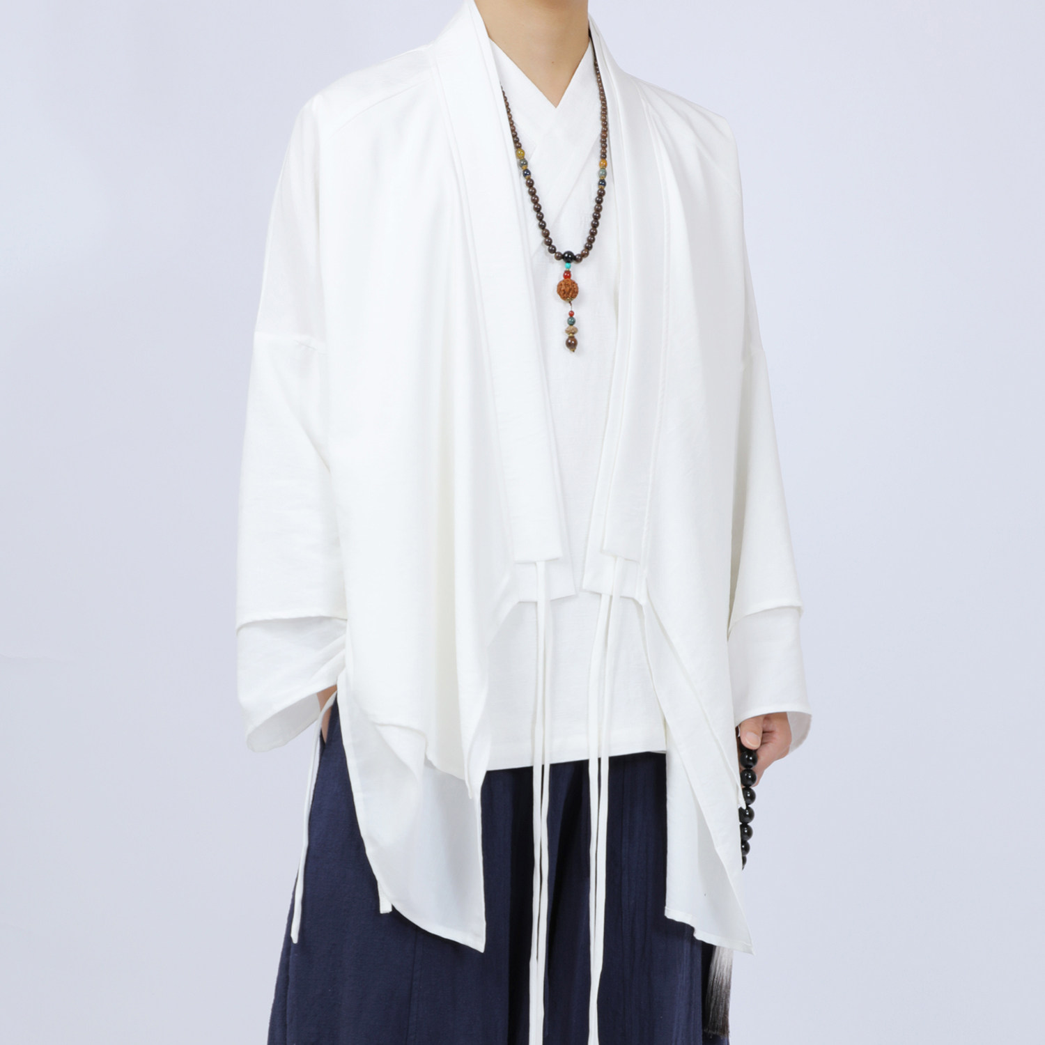 中式国风汉服男装中长款外套交领右衽系带道袍白色宽松休闲太极服