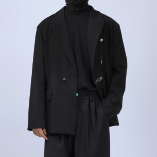 通勤宽松休闲西服韩版 时尚 西服外套小众黑色一粒扣小西装 原创男装