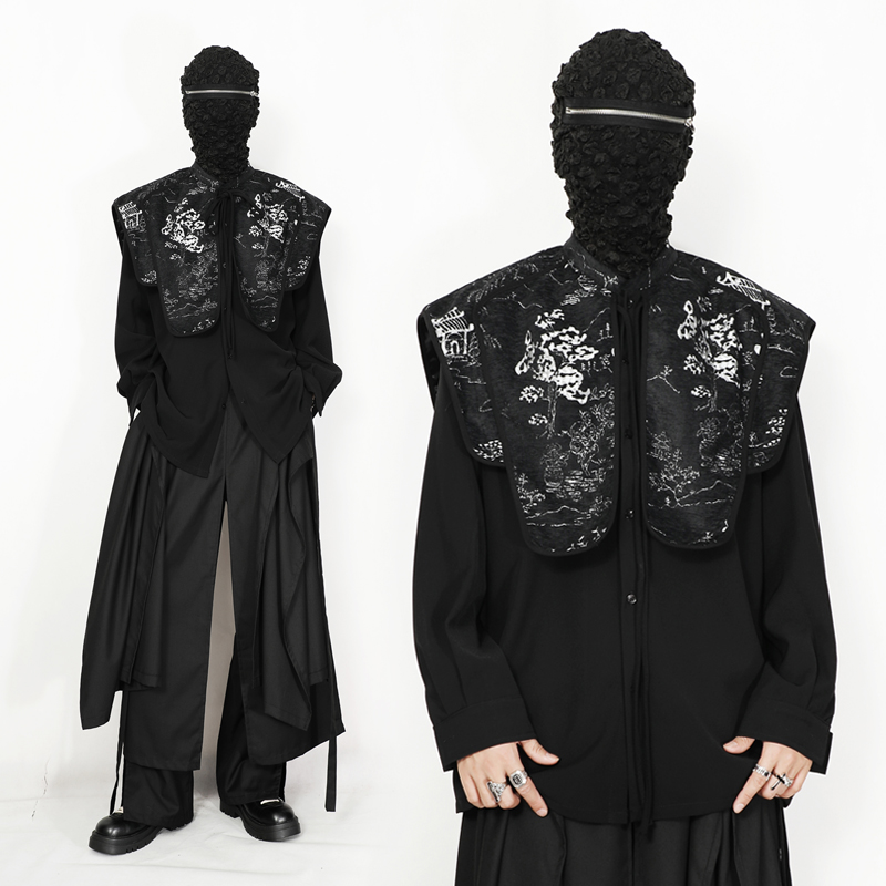 原创中式国风休闲茶服秋季男装新款披肩假两件宽松立领长袖衬衫潮