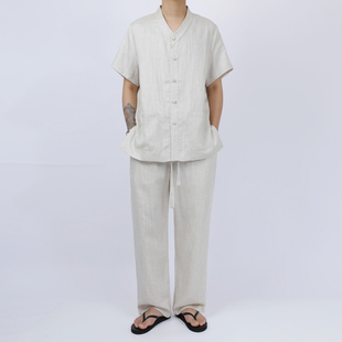 夏季中式汉服男式青年套装复古文艺莱赛尔亚麻短袖衬衫长裤两件套