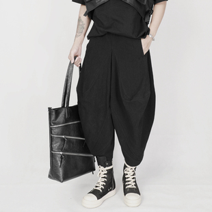 夏季裤子男宽松阔腿裤山本风暗黑设计款立体裁剪哈伦裤男士八分裤
