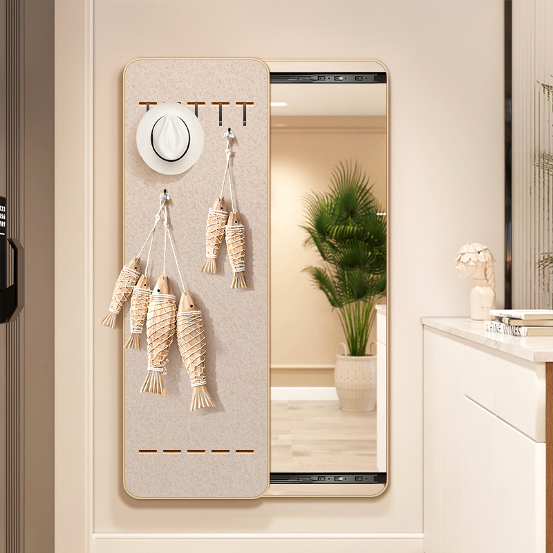 奶油风毛毡板隐藏式推拉全身镜软木板隐形穿衣镜暗藏挂墙镜子diy