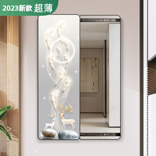 隐藏式全身镜隐形全身镜可推拉画九鱼暗藏可关闭镜子超薄简约牡丹