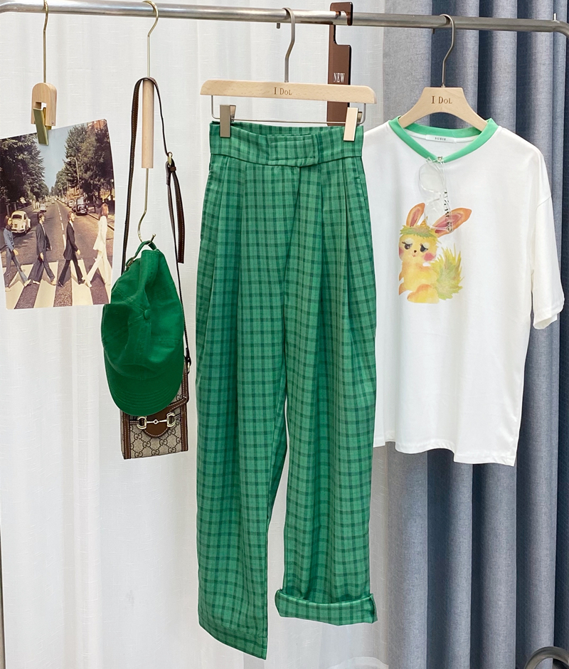 2021 spring new Korean high waist slim Velcro radish pants loose Plaid casual pants female + cartoon T-shirt
