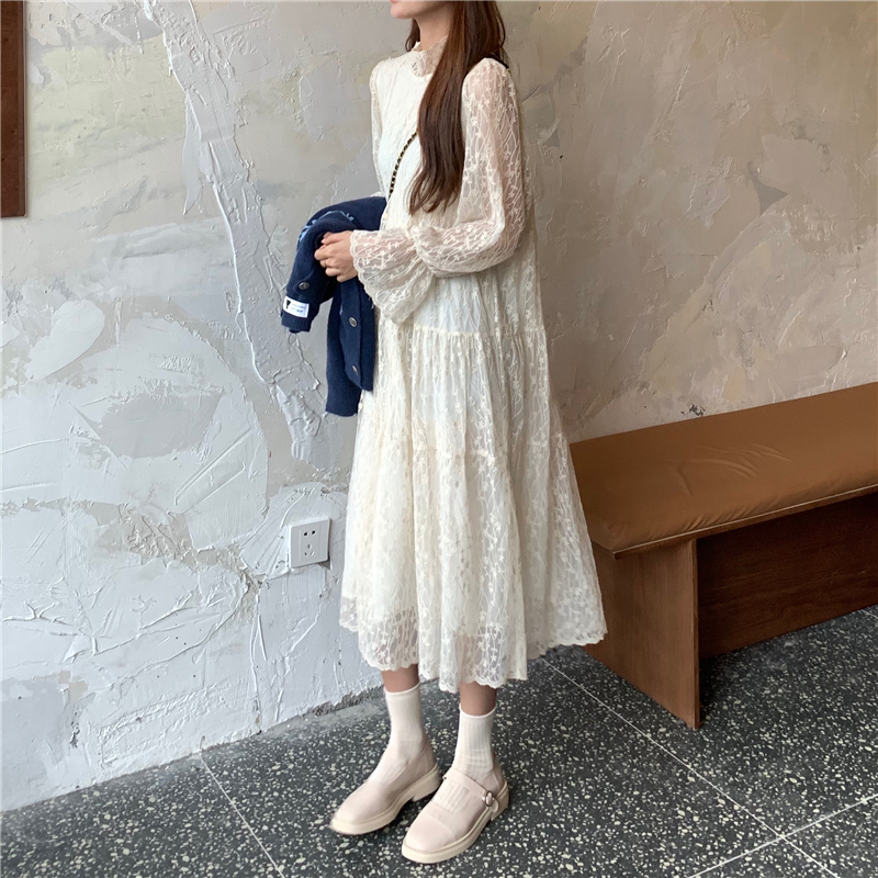 Real shot real price French fairy lady sexy flower sleeve high collar lace dress