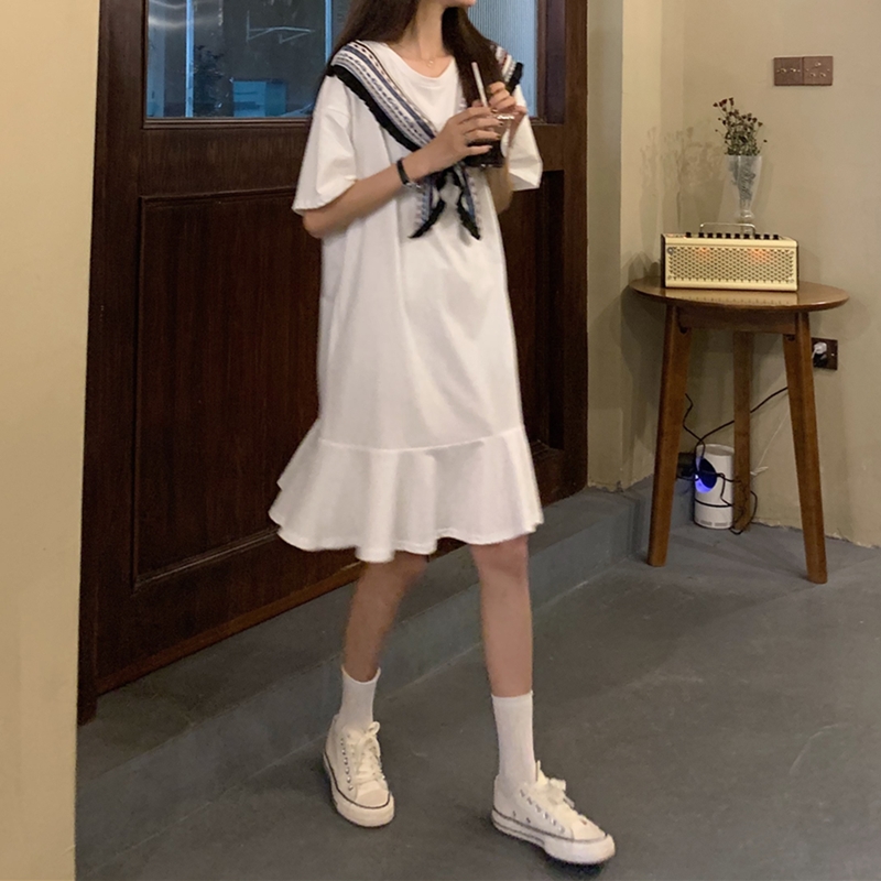  實拍實價！系帶寬鬆遮肚子荷葉邊洋氣短袖連衣裙女裙子