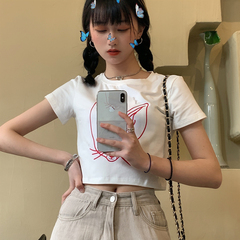 實拍實價短袖T恤女 2021春新款百搭顯瘦白色短款高腰上衣露臍