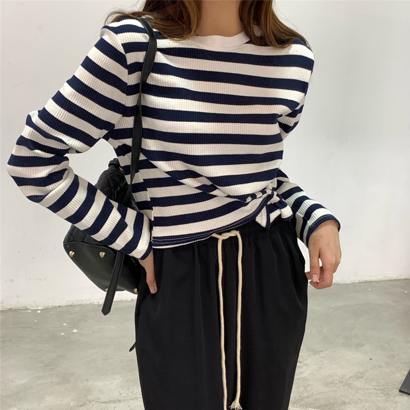 Real price three color base stripe t versatile simple early spring new 2021 long sleeve