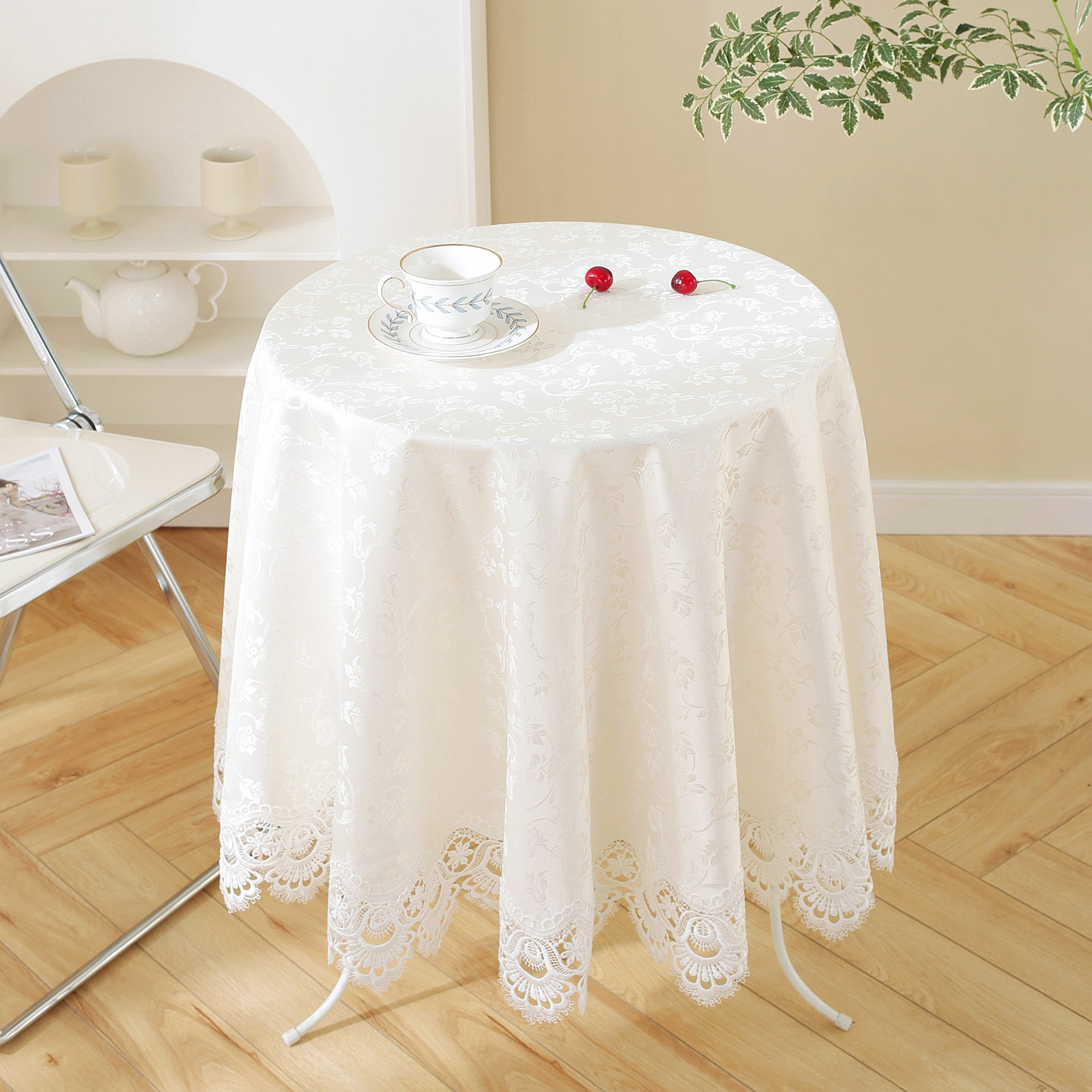 唯米5152欧式百搭奶白色提花蕾丝圆形餐桌布艺小圆桌防尘盖巾台布