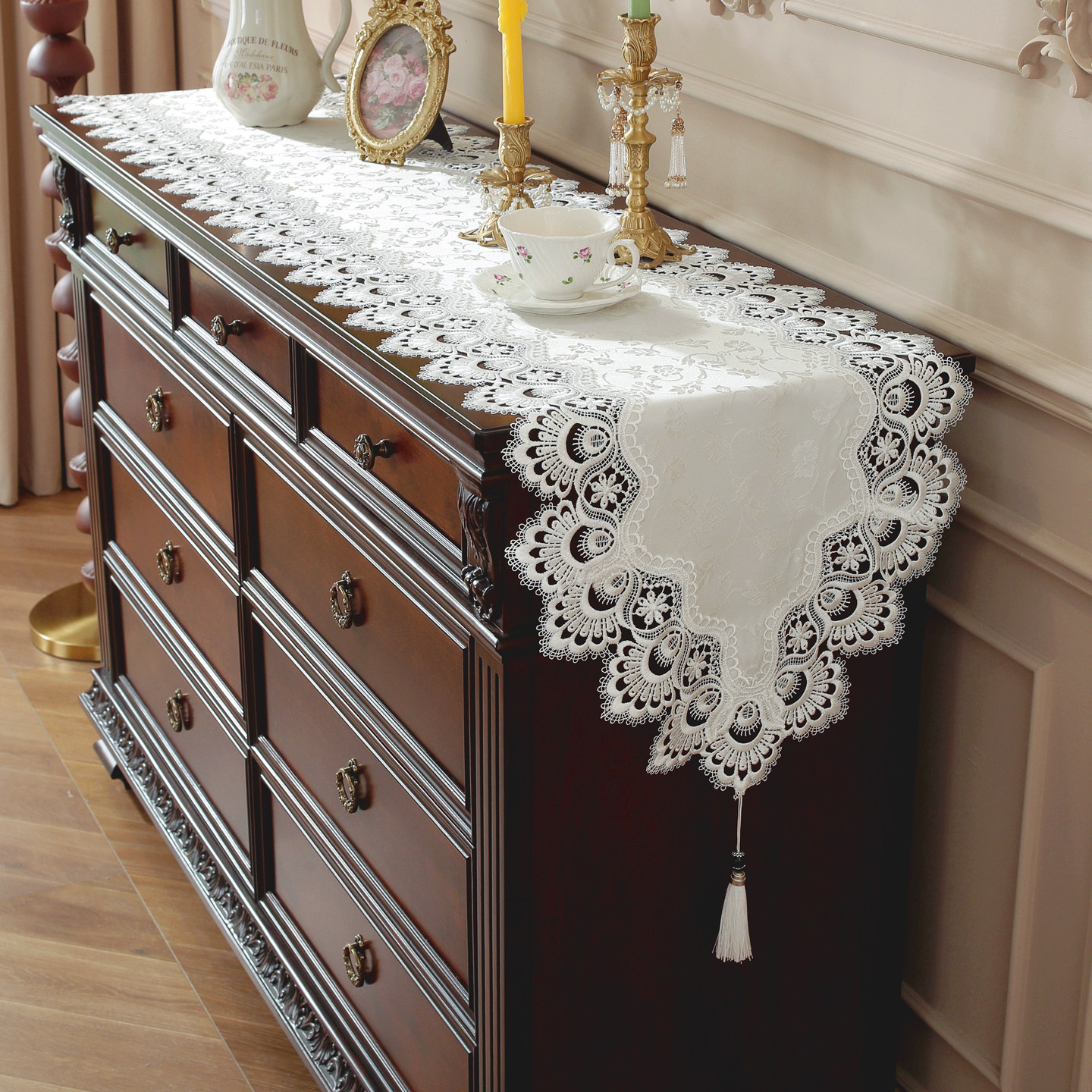 法式复古白色蕾丝长条形桌旗