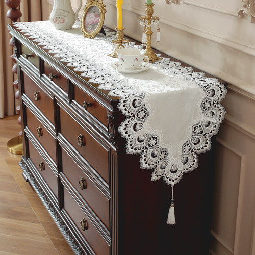 唯米法式复古白色蕾丝长条形桌旗