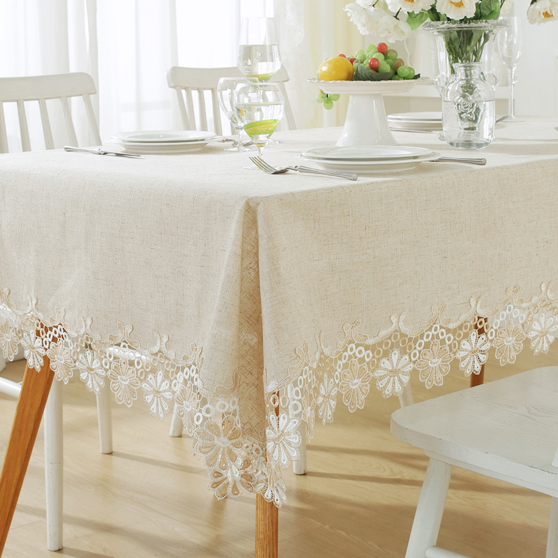 唯米9975简约米色百搭麻棉蕾丝镂空方形茶几布小圆布防尘餐桌布艺