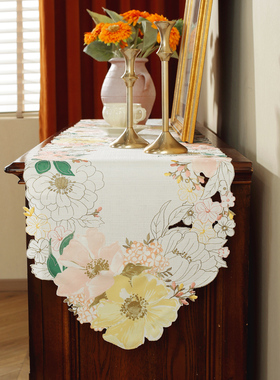 【清仓】唯米9963田园刺绣长条形电视柜鞋柜餐桌茶几防尘盖巾桌旗