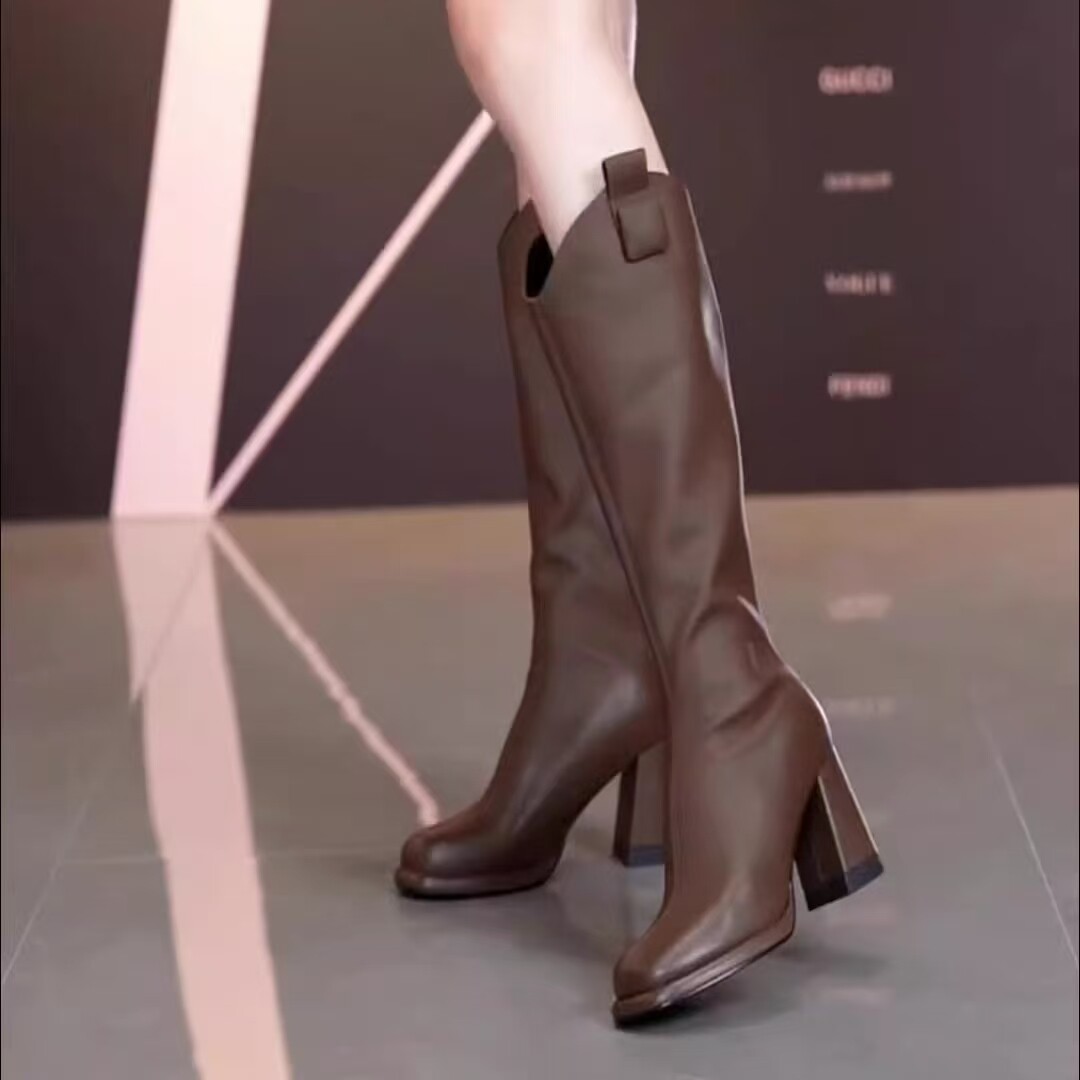 棕色不过膝高跟长靴女2025秋冬新款圆头粗跟时装靴后拉链高筒靴子,女鞋,时装靴,淘宝优惠券,粉丝福利购,淘宝优惠卷