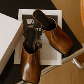 软皮外穿方头高级感细跟穆勒鞋 时尚 子 女2026年夏季 高跟包头半拖鞋