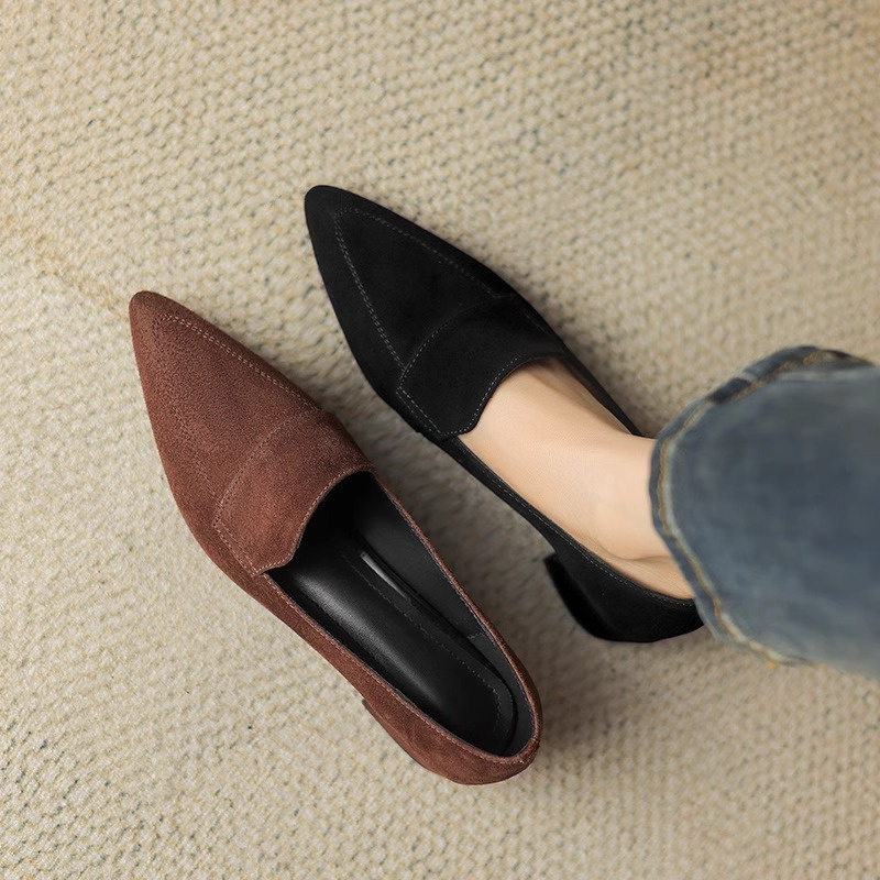 复古尖头磨砂皮工作乐福鞋女2025年新款春秋百搭粗跟棕色浅口单鞋
