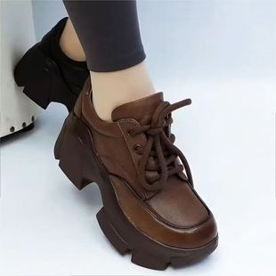 松糕厚底真皮加绒单鞋女2025秋冬新款圆头系带休闲百搭增高深口鞋