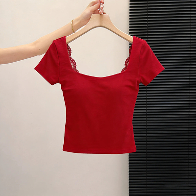 红色蝴蝶蕾丝露背短袖T恤修身
