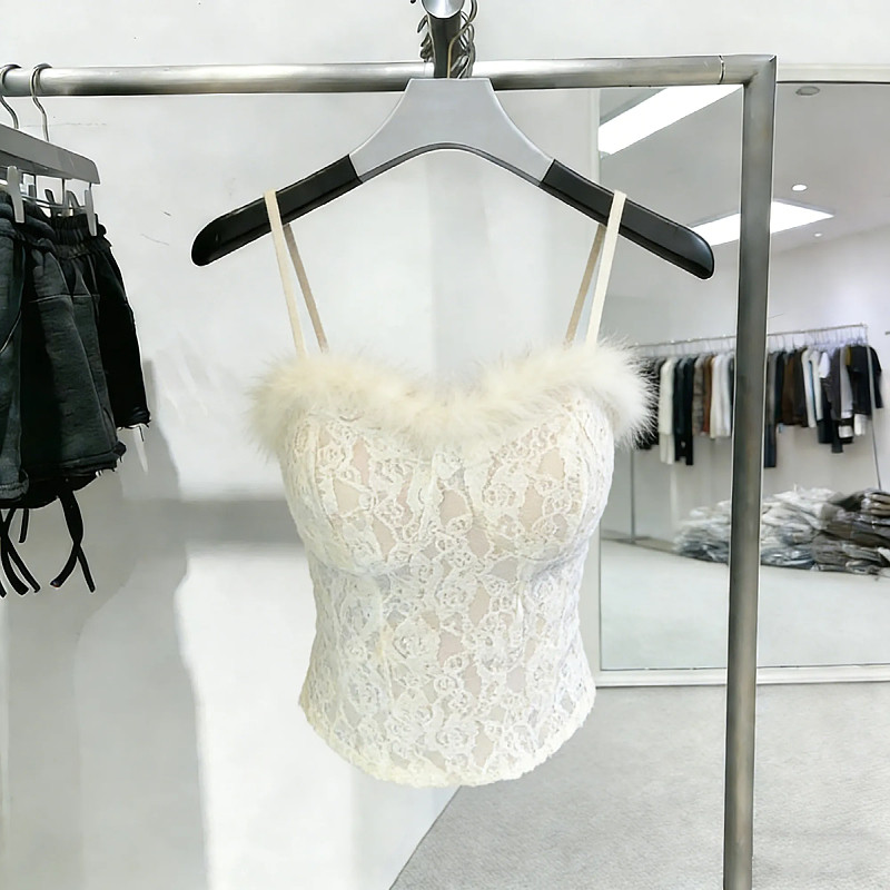 性感甜辣蕾丝羽毛领抹胸吊带背心女春季外穿修身显瘦裹胸打底上衣