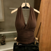 无袖 带胸垫 V领挂脖背心女辣妹褶皱修身 青大牌女装 上衣夏 杭州四季