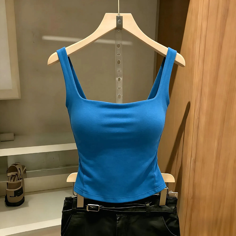 夏季带胸垫方领显白美背吊带背心