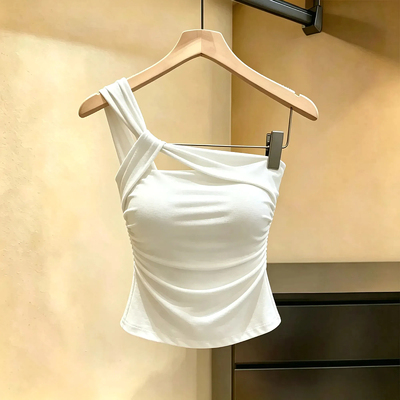 夏季斜肩露背小白花茶吊带背心
