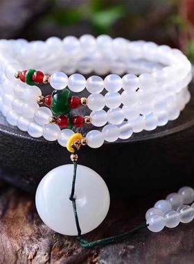 天然白玛瑙平安扣手链佛珠念珠