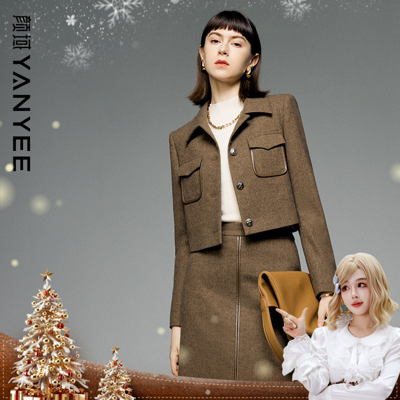 【呼呼专享】颜域短款毛呢外套女士美拉德穿搭高级感翻领呢