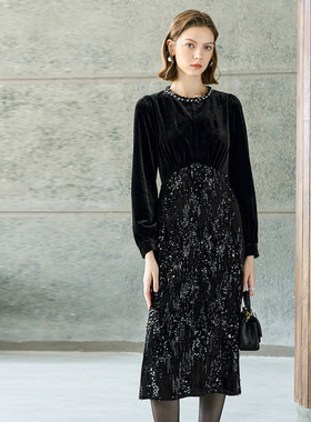 颜域黑色丝绒假两件连衣裙女2025新款冬装法式中长款收腰显瘦裙子