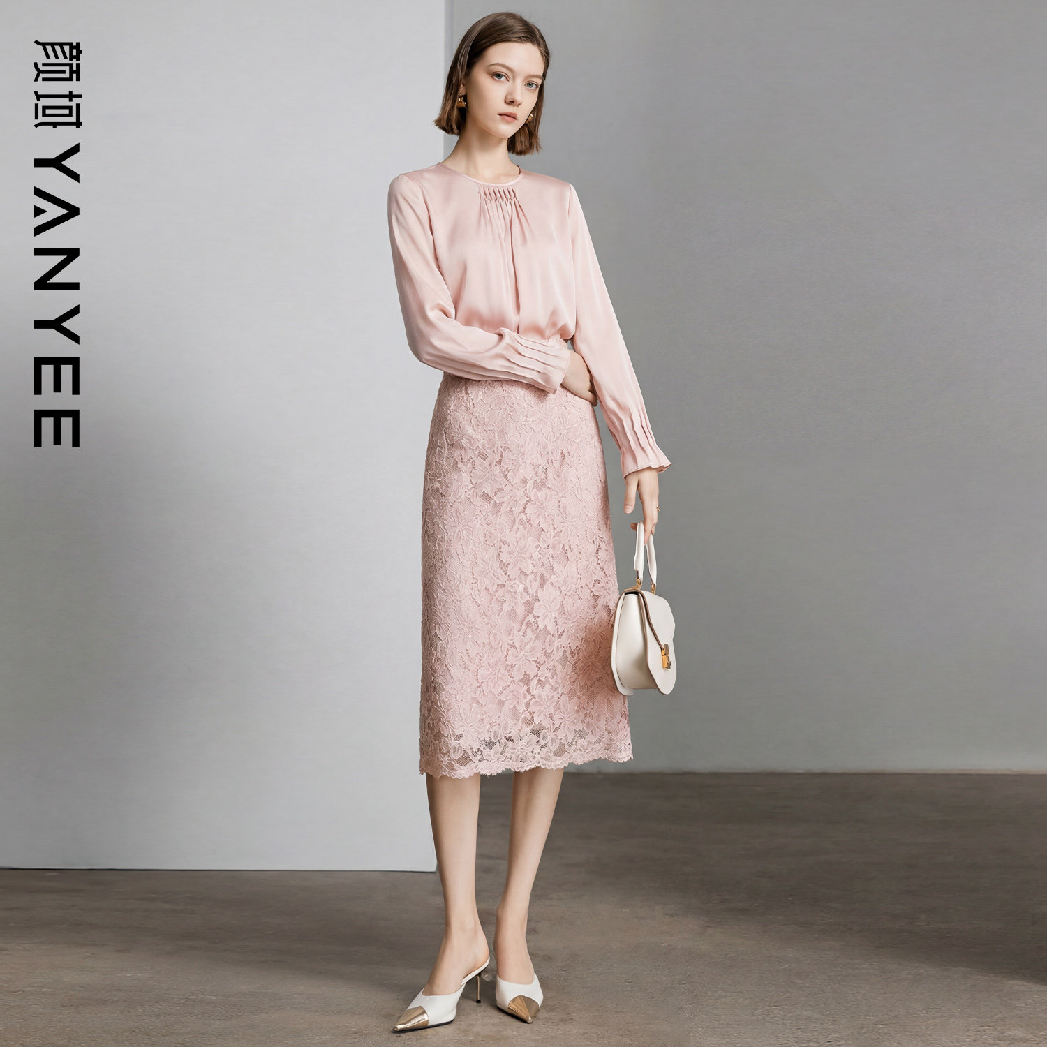 颜域淑女气质粉色上衣蕾丝半身裙两件套2026新款春装穿搭时尚套装