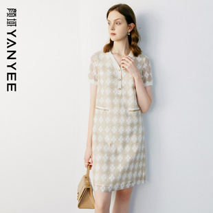 2023新款 通勤气质轻奢直筒蕾丝裙子 V领格子连衣裙女夏季 颜域短袖
