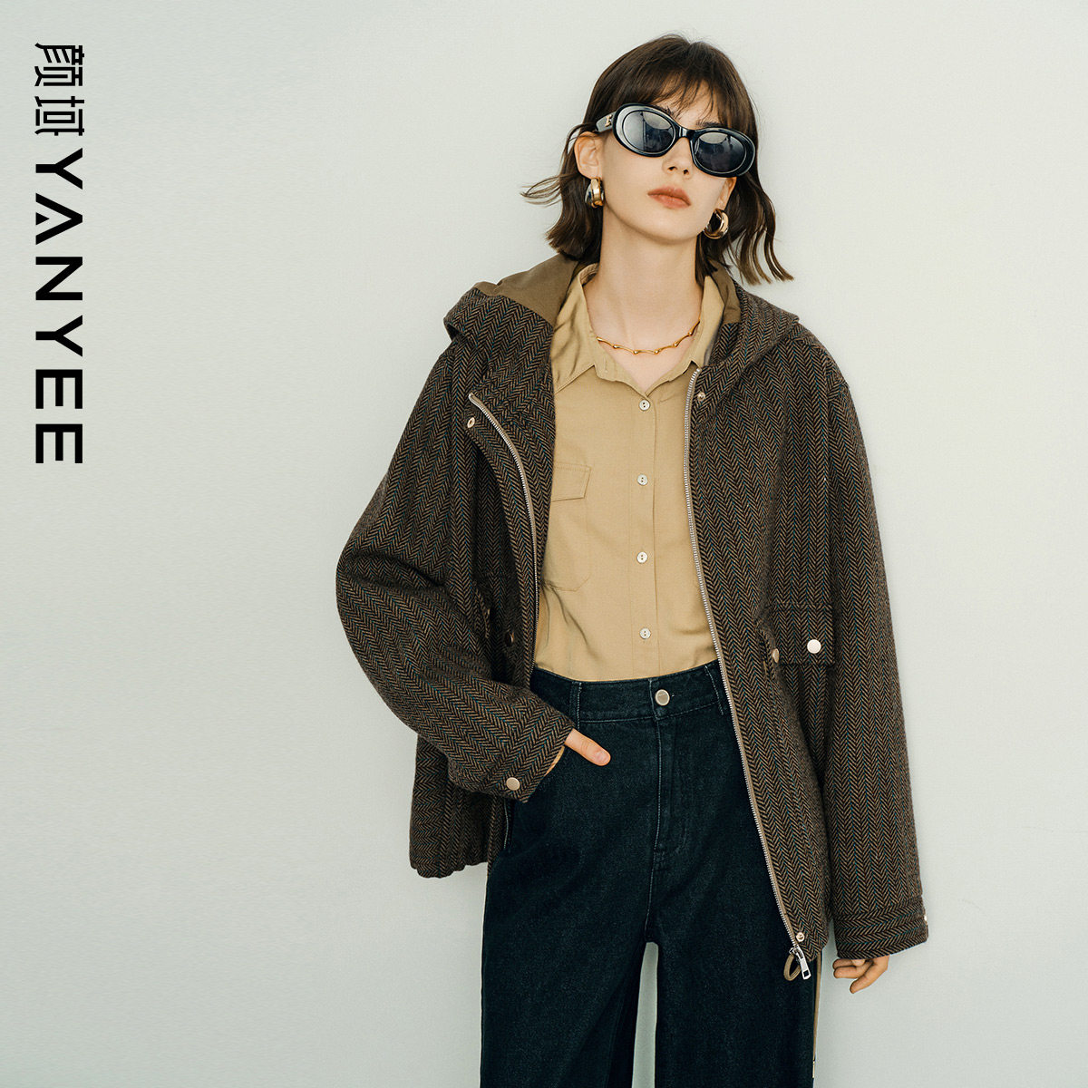 颜域绵羊毛连帽毛呢外套女2025新款冬季咖色复古通勤休闲宽松上衣,女装/女士精品,毛呢外套,淘宝优惠券,粉丝福利购,淘宝优惠卷