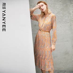 中长款 颜域时尚 女复古气质收腰长袖 2026年新款 裙子 碎花连衣裙春季