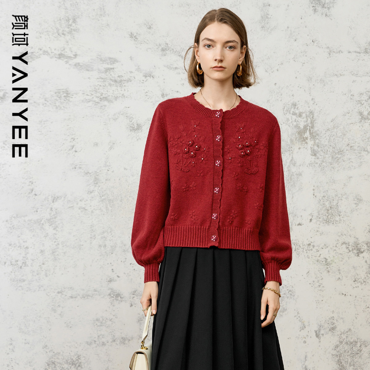 颜域安可拉红提花毛衣冬季女2025新款开衫外套短款圆领针织衫上衣,女装/女士精品,毛衣,淘宝优惠券,粉丝福利购,淘宝优惠卷