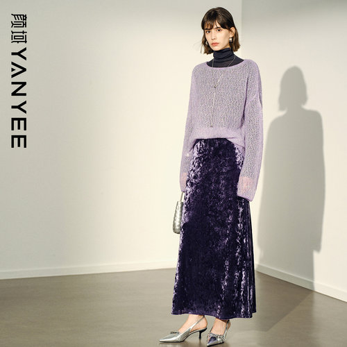 颜域紫色钻石绒半身裙