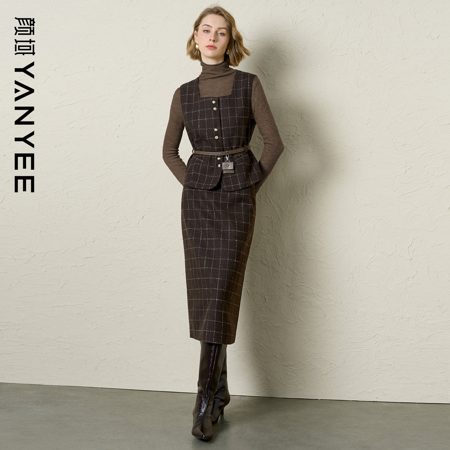 颜域毛呢马甲半身长裙两件套女2025新款冬季格子职业套装女士穿搭,女装/女士精品,时尚套装,淘宝优惠券,粉丝福利购,淘宝优惠卷