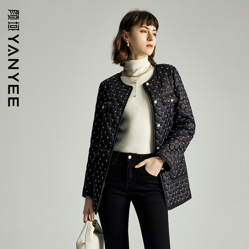 颜域中长款小香风圆领棉服外套