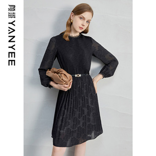女士气质中长款 2026新款 收腰小黑裙 立领蕾丝连衣裙女春季 颜域长袖