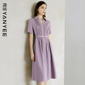 颜域优雅气质女士连衣裙短袖中长款V领2026夏装门襟前扣显瘦A字裙
